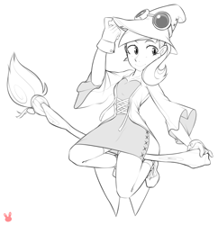 Size: 1924x1989 | Tagged: safe, artist:sugarelement, derpibooru import, oc, oc only, oc:rym, human, broom, clothes, costume, dress, goggles, hat, humanized, humanized oc, monochrome, sketch, solo, witch, witch hat