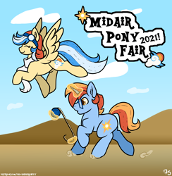 Size: 6600x6750 | Tagged: safe, derpibooru import, oc, oc only, oc:easy_breezy, oc:north_star, pegasus, pony, unicorn, con, convention, desert, fanart, flying, mid air pony fair, midair pony fair, my little pony