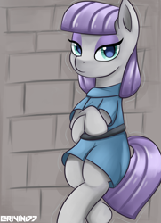 Size: 1641x2262 | Tagged: safe, artist:rivin177, derpibooru import, maud pie, earth pony, pony, bipedal, brick wall, clothes, crossed hooves, dress, female, looking at you, mare, pie sisters, rock, siblings, sisters, solo, standing, wall