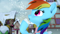 Size: 3840x2160 | Tagged: safe, artist:psfmer, derpibooru import, rainbow dash, pegasus, pony, blowing, clothes, ponyville, scarf, snow, snowflake, solo, winter