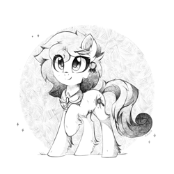 Size: 1575x1575 | Tagged: safe, artist:aureai, derpibooru import, oc, oc only, oc:osha, earth pony, pony, black and white, cheek fluff, chest fluff, clothes, commission, cute, daaaaaaaaaaaw, ear fluff, ear piercing, earring, ears, female, fluffy, grayscale, happy, jewelry, leg fluff, looking up, mare, monochrome, ocbetes, piercing, raised eyebrow, signature, simple background, smiling, solo, standing