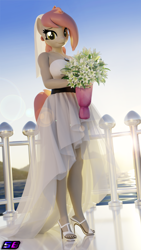 Size: 2160x3840 | Tagged: safe, artist:shadowboltsfm, derpibooru import, oc, oc only, oc:atari, anthro, plantigrade anthro, 3d, 4k, anthro oc, big breasts, blender, bouquet, breasts, bride, clothes, cute, dawwww, dress, eyelashes, feet, female, flower, high heels, lens flare, looking at you, mare, nail polish, not sfm, open-toed shoes, shoes, smiling, solo, standing, toenail polish, toes, veil, wedding dress