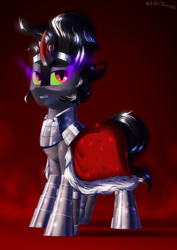 Size: 2200x3100 | Tagged: safe, artist:shido-tara, derpibooru import, king sombra, crystal pony, pony, unicorn, armor, cloak, clothes, commission, commissioner:reversalmushroom, glowing eyes, looking at you, simple background, sombra eyes