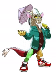 Size: 1600x2089 | Tagged: safe, artist:chub-wub, derpibooru import, discord, draconequus, beard, clothes, commission, drip, dripcord, facial hair, jacket, male, nike, nike (brand), rain, shoes, simple background, sneakers, solo, umbrella, wet, white background