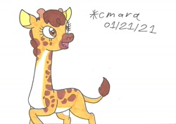 Size: 1275x904 | Tagged: safe, artist:cmara, derpibooru import, clementine, giraffe, female, open mouth, raised hoof, raised leg, simple background, solo, traditional art, white background