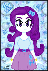 Size: 480x706 | Tagged: safe, artist:amyrosexshadowlover, derpibooru import, rarity, equestria girls, abstract background, bracelet, clothes, cutie mark, cutie mark on clothes, eyelashes, female, jewelry, skirt, smiling, solo