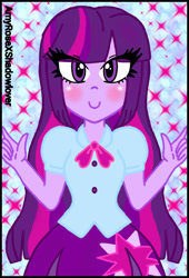 Size: 480x706 | Tagged: safe, artist:amyrosexshadowlover, derpibooru import, twilight sparkle, equestria girls, abstract background, blushing, clothes, cutie mark, cutie mark on clothes, eye clipping through hair, eyelashes, female, skirt, smiling, solo