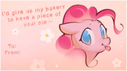 Size: 1942x1092 | Tagged: safe, artist:mirroredsea, derpibooru import, pinkie pie, earth pony, pony, :p, bust, cute, diapinkes, ears, female, floppy ears, flower, looking at you, mare, portrait, solo, tongue out, valentine's day card