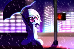 Size: 6000x4000 | Tagged: safe, artist:windy-pony, derpibooru import, oc, oc:parity bit, earth pony, city, female, lights, mare, rain, sitting, solo, umbrella