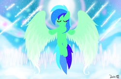 Size: 960x625 | Tagged: safe, artist:jadebreeze115, derpibooru import, oc, oc only, oc:jade breeze, pegasus, pony, anime reference, audio spectrum, base used, bipedal, cloud, cloudy sky, colored wings, eyes closed, flying, gradient wings, majestic, pegasus oc, shooting star, silhouette, sky, spread wings, sun, wings