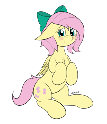 Size: 2221x2577 | Tagged: safe, artist:wapamario63, fluttershy, pegasus, pony, alternate hairstyle, blushing, bow, chest fluff, cute, ears, female, floppy ears, hair bow, looking at you, mare, short mane, shyabetes, simple background, sitting, solo, transparent background