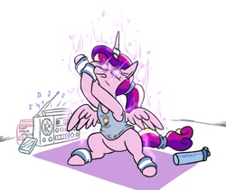 Size: 1070x898 | Tagged: safe, artist:jargon scott, princess cadance, alicorn, pony, boombox, clothes, exercise, female, glowing eyes, heart, mare, ponytail, princess of love, simple background, sitting, solo, spread wings, stretching, sweatband, tanktop, water bottle, white background, wristband, yoga mat
