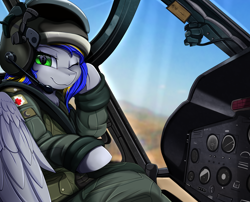 Size: 2494x2016 | Tagged: safe, artist:pridark, oc, oc only, oc:eagle fly, pegasus, pony, clothes, commission, cute, female, flight suit, helicopter, helmet, high res, looking at you, mare, one eye closed, pilot, solo, uh-1 iroquois, uniform, wings, wink