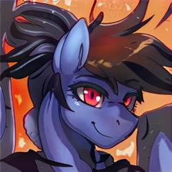 Size: 1024x1024 | Tagged: safe, artist:thisponydoesnotexist, derpibooru import, pony, black mane, bust, long neck, neural network, red eyes, simple background, smiling, solo