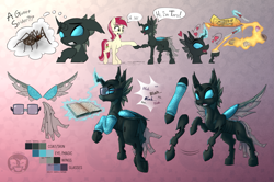 Size: 1521x1010 | Tagged: safe, artist:calena, derpibooru import, roseluck, oc, oc:tarsi, changeling, spider, book, butter, butter knife, changeling oc, clothes, food, glasses, magic, reference sheet, spread wings, transparent wings, wings
