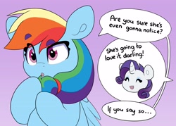 Size: 3969x2835 | Tagged: safe, alternate version, artist:partylikeanartist, derpibooru import, rainbow dash, rarity, pegasus, pony, unicorn, alternate hairstyle, chibi, cute, dashabetes, duo, duo female, eye clipping through hair, eyebrows, eyebrows visible through hair, female, implied appledash, implied lesbian, implied shipping, mane swap, ponytail, purple eyebrows, shipping, speech bubble, text