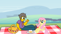 Size: 900x506 | Tagged: safe, artist:haileykitty69, derpibooru import, fluttershy, pegasus, pony, cake, crossover, crossover shipping, fluttermour, food, picnic, sandwich, seymour skinner, shipping, the simpsons