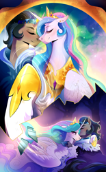 Size: 2352x3800 | Tagged: safe, artist:pumpkabooo, derpibooru import, idw, king sombra, princess celestia, alicorn, pony, unicorn, reflections, spoiler:comic, celestibra, female, good king sombra, high res, male, mare, mirror, mirror universe, shipping, stallion, story in the source, straight