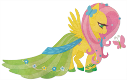 Size: 1115x700 | Tagged: safe, artist:sleepwalks, derpibooru import, fluttershy, butterfly, pegasus, pony, clothes, cute, dress, female, flower, flower in hair, gala dress, hairclip, mare, profile, shyabetes, simple background, solo, spread wings, transparent background, wings