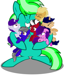 Size: 1280x1470 | Tagged: safe, artist:lynnthenerdkitty, derpibooru import, oc, oc:beau style, oc:delta, oc:outil, oc:sirius canis major, oc:starshine twinkle, earth pony, pony, unicorn, dropkick (transformers), female, hug, male, micro, shatter (trasnformers), shrunk