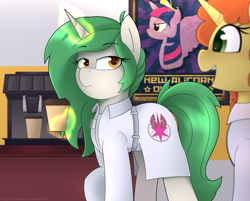 Size: 6115x4908 | Tagged: safe, artist:felixf, derpibooru import, twilight sparkle, twilight sparkle (alicorn), oc, oc:electra green, oc:loona, alicorn, unicorn, fallout equestria, coffee, coffee mug, commission, horn, magic, magic aura, mug, unicorn oc, ych result