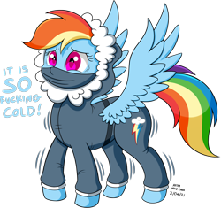 Size: 2018x1895 | Tagged: safe, artist:wownamesarehard, derpibooru import, rainbow dash, pegasus, pony, clothes, coat, dialogue, female, mare, shivering, simple background, solo, spread wings, transparent background, vulgar, wings