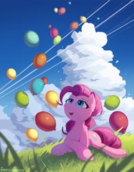 Size: 2050x2624 | Tagged: safe, artist:emeraldgalaxy, derpibooru import, pinkie pie, earth pony, pony, balloon, cloud, ear fluff, ears, grass, high res, leg fluff, lying down, prone, sky, solo