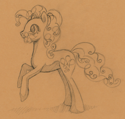 Size: 1794x1711 | Tagged: safe, artist:magical-marauder, derpibooru import, pinkie pie, earth pony, pony, female, flower, flower in mouth, mare, monochrome, mouth hold, rearing, sketch, solo, traditional art