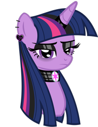 Size: 2494x3237 | Tagged: safe, artist:severity-gray, derpibooru import, twilight sparkle, alicorn, pony, alternate hairstyle, black eyeshadow, bust, choker, ear piercing, earring, female, goth, gothic, horn, horn ring, jewelry, makeup, piercing, portrait, ring, sad, simple background, solo, transparent background