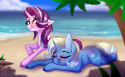 Size: 1920x1188 | Tagged: safe, artist:elektra-gertly, derpibooru import, starlight glimmer, trixie, pony, unicorn, beach, blushing, colored hooves, female, lesbian, lip bite, lying down, mare, prone, shipping, sploot, startrix, wavy mouth