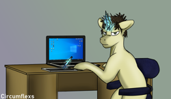 Size: 1323x767 | Tagged: safe, artist:circumflexs, derpibooru import, oc, oc only, pony, unicorn, bad hair, chair, desktop, digital painting, drawing, drawing tablet, laptop computer, looking at you, looking back, male, notebook, office chair, pen, simple background, sitting, solo, stallion, table, windows, windows 10