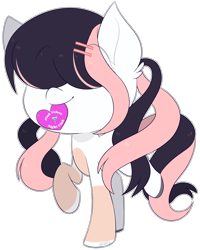 Size: 2192x2736 | Tagged: safe, artist:jetjetj, derpibooru import, oc, oc:pink velvet, earth pony, pony, chibi, female, heart, mare, mouth hold, solo