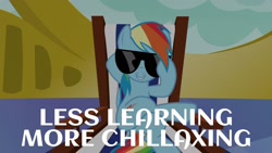 Size: 1920x1080 | Tagged: safe, derpibooru import, edit, edited screencap, editor:quoterific, screencap, rainbow dash, pegasus, pony, every little thing she does, chair, female, relaxing, solo, sunglasses, teeth