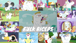 Size: 1974x1111 | Tagged: safe, derpibooru import, edit, edited screencap, editor:quoterific, screencap, angel bunny, apple bloom, applejack, aura (character), bulk biceps, carrot cake, fluttershy, lotus blossom, matilda, maud pie, noi, pinkie pie, rockhoof, rumble, scootaloo, spike, spring melody, sprinkle medley, sweetie belle, twilight sparkle, twilight sparkle (alicorn), alicorn, bull, dragon, earth pony, pegasus, pony, rabbit, a rockhoof and a hard place, a trivial pursuit, all bottled up, castle sweet castle, equestria games (episode), flight to the finish, hurricane fluttershy, inspiration manifestation, on your marks, rainbow falls, the fault in our cutie marks, wonderbolts academy, alternate hairstyle, animal, applejack's hat, bluegrass (character), clothes, cowboy hat, cutie mark crusaders, female, filly, hat, open mouth, uniform, weight lifting, wonderbolts uniform, yeah!!!!!!!!