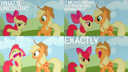 Size: 1986x1117 | Tagged: safe, derpibooru import, edit, edited screencap, screencap, apple bloom, applejack, earth pony, pony, sisterhooves social, applejack's hat, bow, burp, clothes, cowboy hat, duo, duo female, eyes closed, female, hat, open mouth, shocked