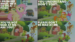 Size: 2000x1125 | Tagged: safe, derpibooru import, edit, edited screencap, editor:quoterific, screencap, carrot cake, cup cake, fluttershy, pumpkin cake, earth pony, pegasus, pony, baby cakes, baby, baby pony, female, fluttershy's cottage, implied angel bunny, male, open mouth, solo, teeth, walking, worried