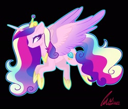 Size: 2048x1736 | Tagged: safe, artist:fernandasparklee, derpibooru import, princess cadance, alicorn, pony, black background, crown, curly hair, curly mane, curly tail, eyelashes, female, hoof shoes, horn, jewelry, purple eyes, regalia, signature, simple background, smiling, solo, wings