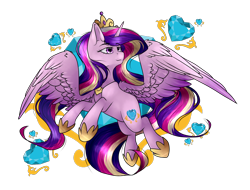 Size: 1608x1222 | Tagged: safe, artist:bladedeehunter, derpibooru import, princess cadance, alicorn, pony, crown, crystal heart, female, flowing mane, flowing tail, hoof shoes, horn, jewelry, purple eyes, regalia, simple background, smiling, solo, transparent background, wings