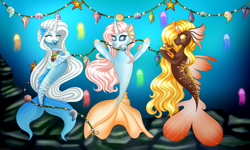 Size: 5000x3000 | Tagged: safe, artist:ashestoashkar, derpibooru import, oc, oc only, oc:golden caramel, oc:sweet tear, oc:toxic terror, hybrid, jellyfish, merpony, seapony (g4), celebration, colored pupils, commission, decoration, eyelashes, eyes closed, festival, fish tail, flowing mane, flowing tail, horn, long mane, open mouth, party, seaponified, seaquestria, seashell, shell, smiling, species swap, starfish, tail, underwater, water, wings