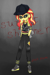 Size: 1080x1620 | Tagged: safe, artist:pink flame, derpibooru import, sunset shimmer, equestria girls, cigarette, clothes, female, glasses, gradient background, hat, looking at you, shirt, shoes, smoking, solo, text, two toned hair