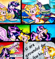 Size: 862x928 | Tagged: safe, artist:liaaqila, derpibooru import, luster dawn, princess twilight 2.0, twilight sparkle, twilight sparkle (alicorn), alicorn, pony, unicorn, the last problem, annoyed, book, cannon, comic, cute, duo, duo female, female, grounded, holding a pony, lusterbetes, moon, mouth hold, pony cannonball, that pony sure does love books, that pony sure does love burgers, this will end in a trip to the moon, to the moon