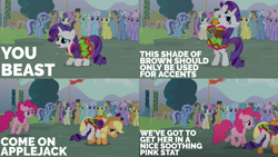 Size: 2000x1125 | Tagged: safe, derpibooru import, edit, edited screencap, editor:quoterific, screencap, amethyst star, applejack, bon bon, candy mane, carrot top, cherry cola, cherry fizzy, coco crusoe, doctor whooves, golden harvest, lemon hearts, linky, lyra heartstrings, minuette, pinkie pie, pokey pierce, rainbowshine, rarity, shoeshine, sparkler, sweetie drops, earth pony, pegasus, pony, unicorn, magic duel, animation error, applejack's hat, background pony, bipedal, blank flank, clothes, cowboy hat, drama queen, dress, faint, fashion disaster, female, hat, hornless unicorn, male, marshmelodrama, missing horn, open mouth, rarity being rarity, trio, trotting, walking