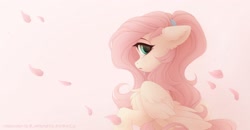 Size: 3000x1560 | Tagged: safe, artist:vird-gi, artist:whiteliar, derpibooru import, fluttershy, pegasus, pony, collaboration, chest fluff, crying, cute, ears, female, floppy ears, flower petals, folded wings, hair tie, looking at you, mare, open mouth, profile, raised hoof, raised leg, sad, sadorable, shyabetes, side view, solo, teary eyes, wings
