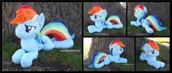 Size: 4118x1754 | Tagged: safe, artist:peruserofpieces, derpibooru import, rainbow dash, pegasus, pony, beanie (plushie), determined, female, irl, lying down, mare, photo, plushie, prone, smiling, sploot, tree, wings