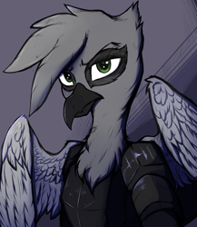 Size: 939x1080 | Tagged: safe, artist:tatykin, derpibooru import, oc, oc only, oc:gideon, griffon, armor, griffon oc, looking at you, male, simple background