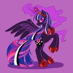 Size: 1080x1080 | Tagged: safe, artist:mediocre.mare, derpibooru import, twilight sparkle, twilight sparkle (alicorn), alicorn, pony, corrupted twilight sparkle, ethereal mane, female, glowing horn, hoof shoes, horn, jewelry, looking back, mare, nightmare twilight, nightmarified, peytral, purple background, rearing, simple background, solo, starry mane, tiara, wings