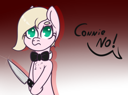 Size: 1189x891 | Tagged: safe, artist:lazerblues, derpibooru import, oc, oc only, oc:connie amore, earth pony, pony, bowtie, knife