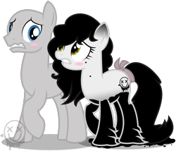 Size: 1866x1596 | Tagged: safe, artist:amgiwolf, derpibooru import, oc, oc only, oc:amgi, earth pony, pony, wolf, wolf pony, bald, base used, blushing, bow, duo, earth pony oc, eyelashes, female, hoof fluff, lip bite, male, raised hoof, raised leg, simple background, stallion, tail bow, transparent background