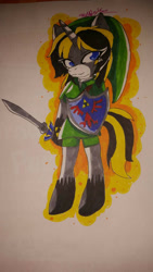 Size: 747x1328 | Tagged: safe, artist:juliet-gwolf18, derpibooru import, oc, oc only, anthro, unguligrade anthro, unicorn, clothes, cosplay, costume, female, hat, hoof shoes, horn, link, shield, solo, sword, the legend of zelda, traditional art, unicorn oc, weapon