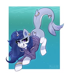 Size: 1067x1202 | Tagged: safe, artist:confetticakez, derpibooru import, oc, oc only, original species, pony, shark, shark pony, clothes, grin, hoodie, looking at you, sharp teeth, smiling, solo, swimming, teeth, underwater